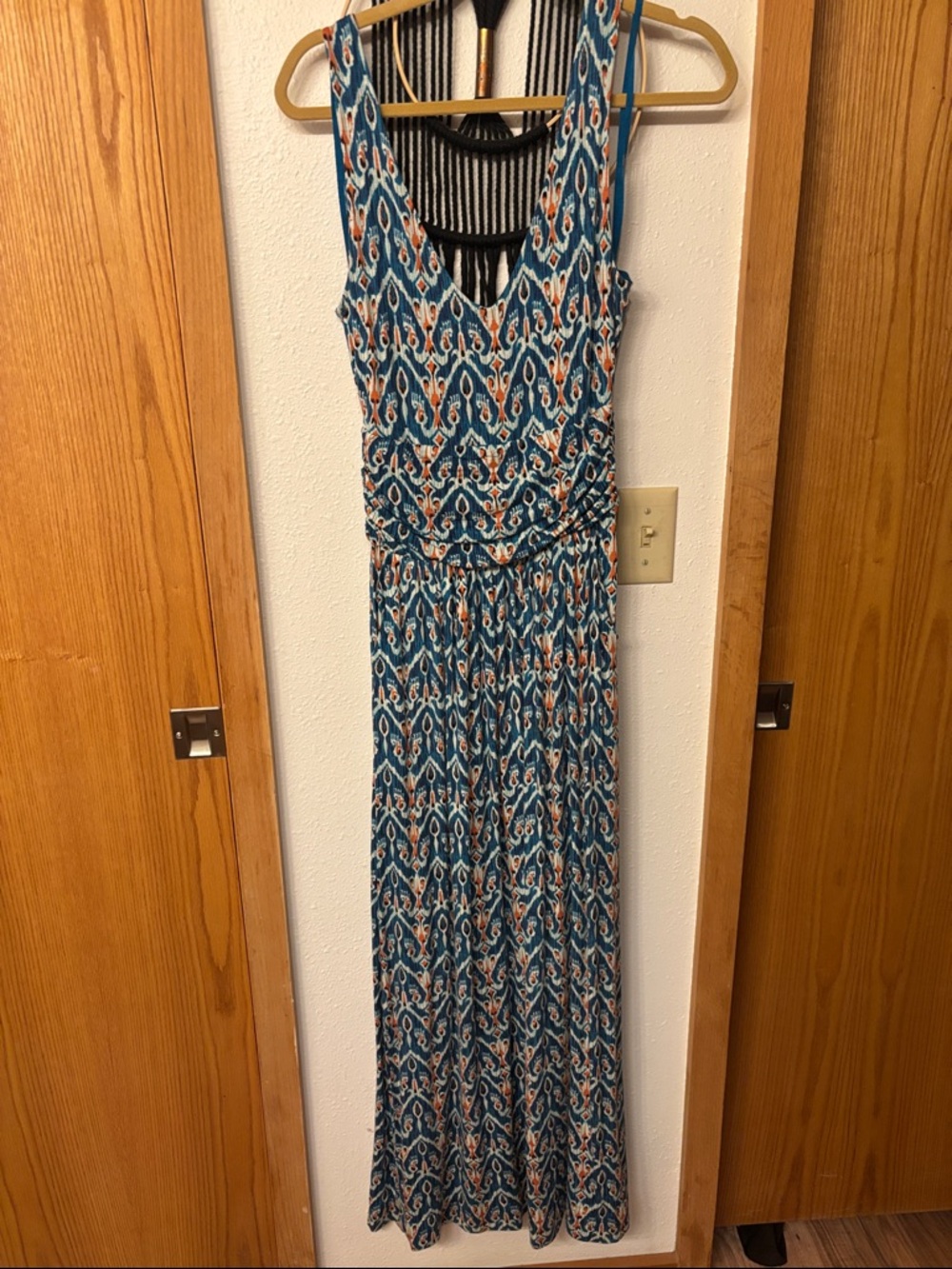 Sleeveless V-Neck Maxi Dress in Teal Ikat Pattern